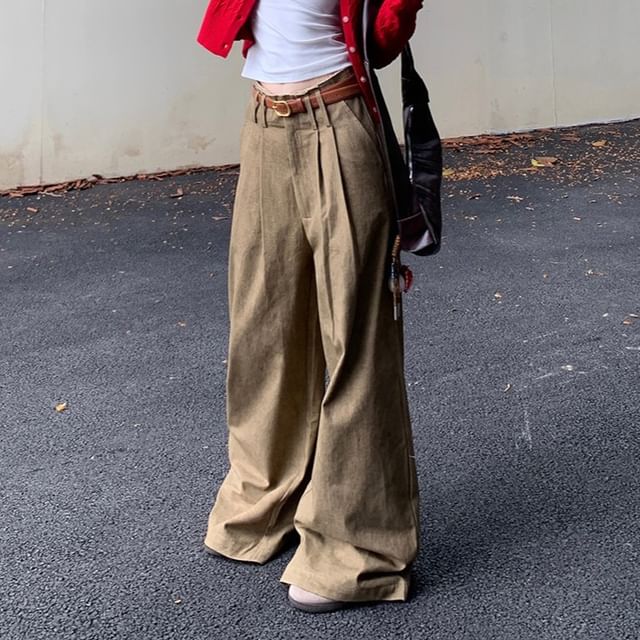 Cable Knit Button-Up Crop Cardigan & T-Shirt & Wide Leg Pants Set
