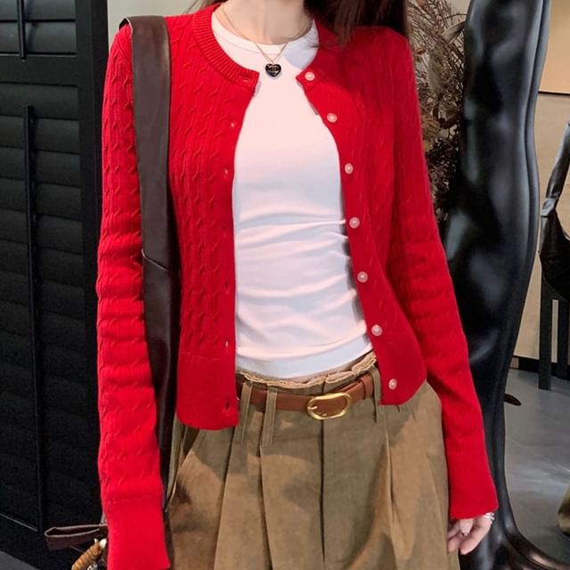 Cable Knit Button-Up Crop Cardigan & T-Shirt & Wide Leg Pants Set