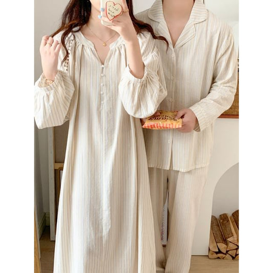 Couple Matching Long-Sleeve Collared Striped Shirt / Straight Leg Pants / Notch Neck Pajama Dress / Set