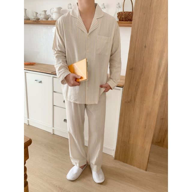 Couple Matching Long-Sleeve Collared Striped Shirt / Straight Leg Pants / Notch Neck Pajama Dress / Set