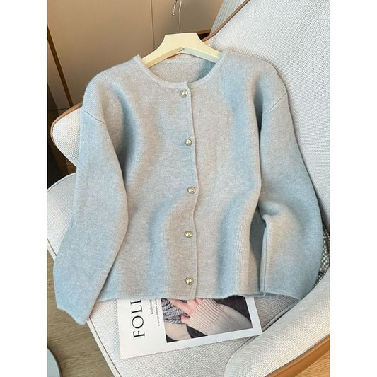 Pearl-Button Round-Neck Cardigan in 8 Colors