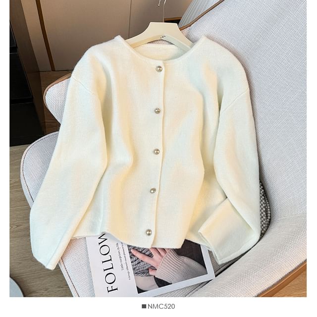 Pearl-Button Round-Neck Cardigan in 8 Colors
