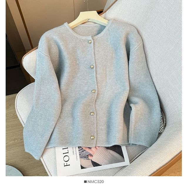 Pearl-Button Round-Neck Cardigan in 8 Colors