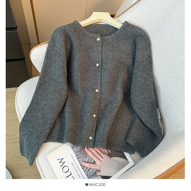 Pearl-Button Round-Neck Cardigan in 8 Colors