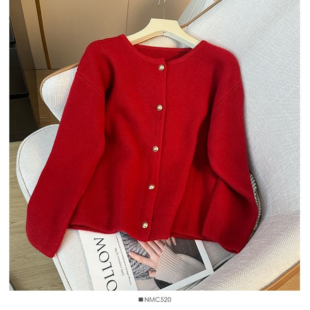 Pearl-Button Round-Neck Cardigan in 8 Colors