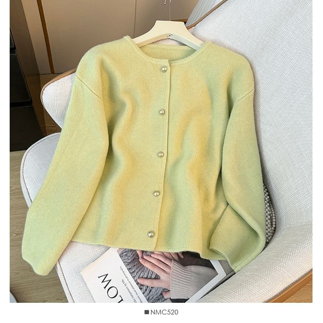 Pearl-Button Round-Neck Cardigan in 8 Colors