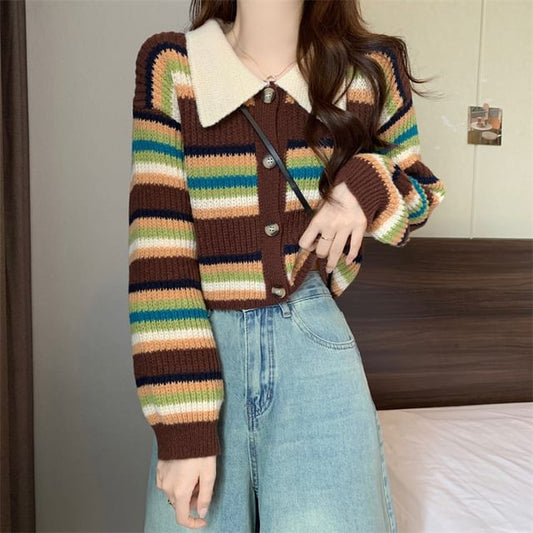 Striped Collared Crop Cardigan