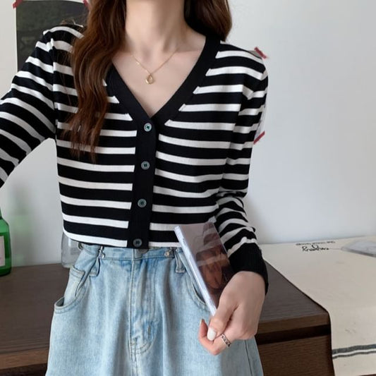 Striped V-Neck Cropped Long Sleeve Cardigan