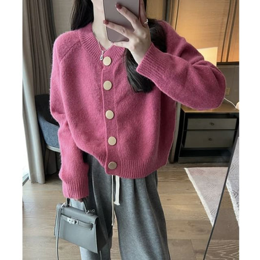 V-Neck Button Up Plain Crop Cardigan