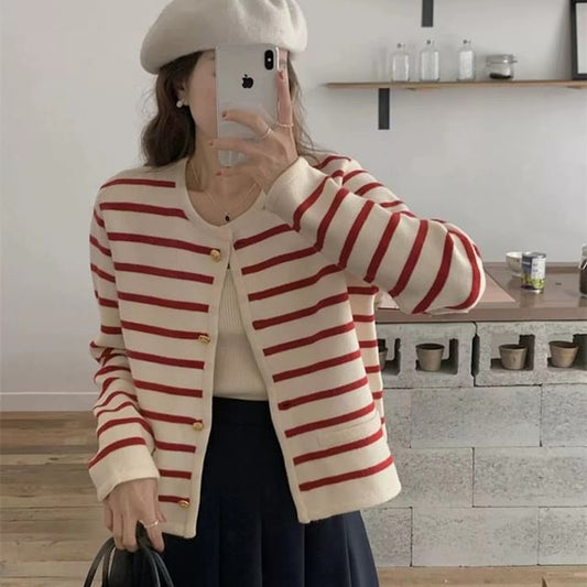 Striped Round Neck Cropped Cardigan