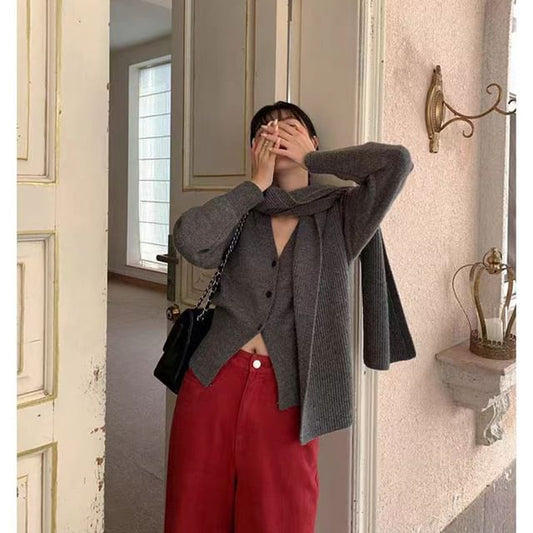 Solid V-Neck Knitted Open Front Sweater