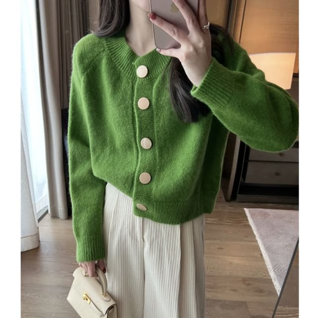 V-Neck Button Up Plain Crop Cardigan