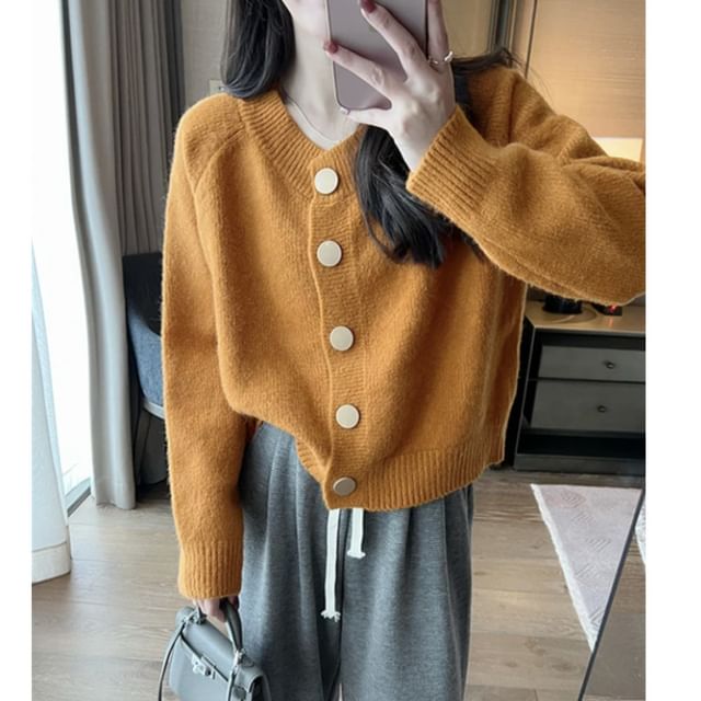 V-Neck Button Up Plain Crop Cardigan