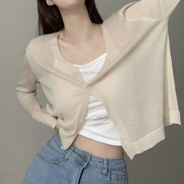 Sheer V-Neck Button-Up Cardigan