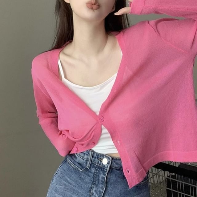 Sheer V-Neck Button-Up Cardigan