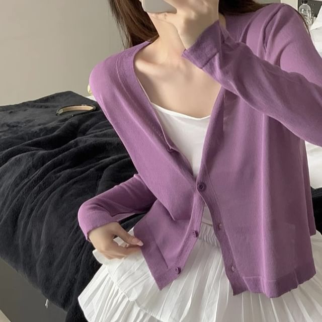 Sheer V-Neck Button-Up Cardigan