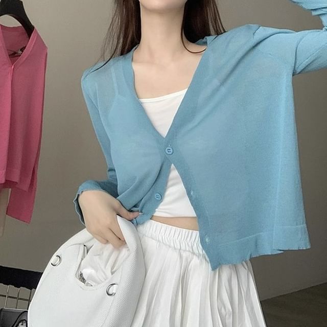 Sheer V-Neck Button-Up Cardigan