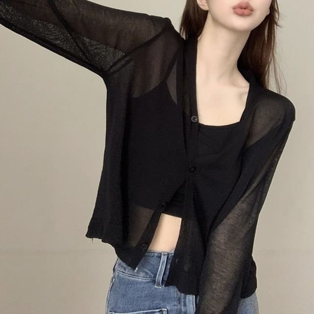 Sheer V-Neck Button-Up Cardigan