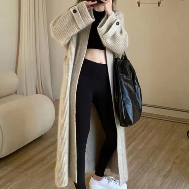 Ribbed Knit Open Front Long Cardigan