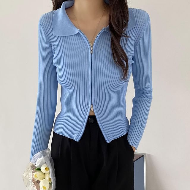 Zip Ribbed Collared Cropped Cardigan