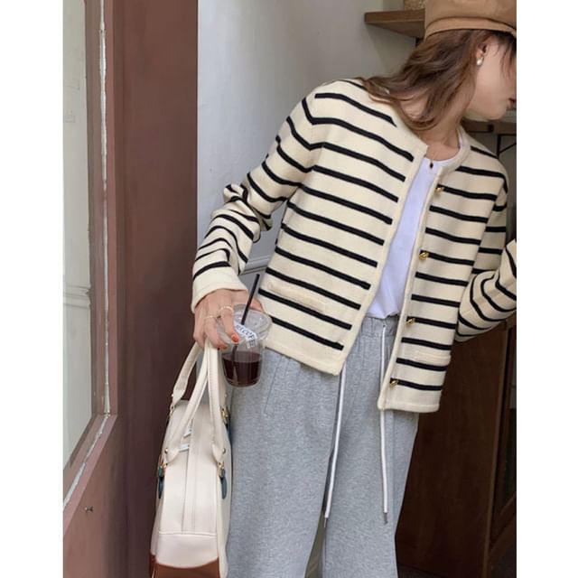 Striped Round Neck Cropped Cardigan