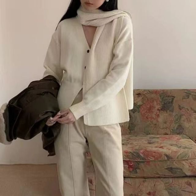 Solid V-Neck Knitted Open Front Sweater