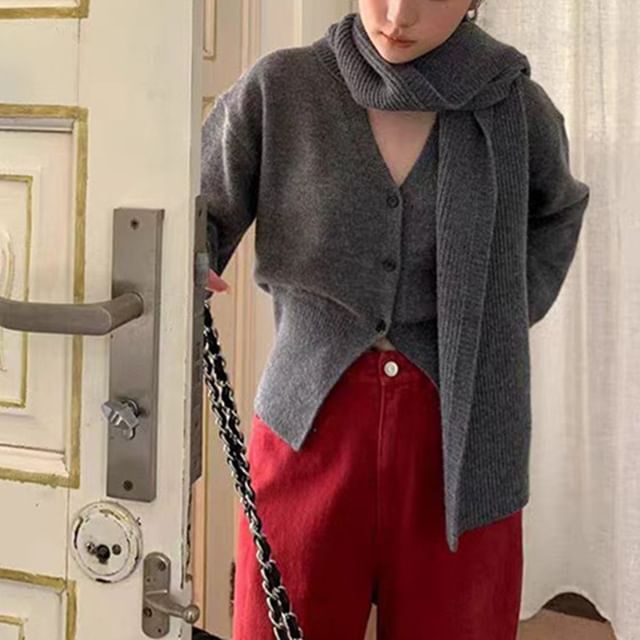 Solid V-Neck Knitted Open Front Sweater