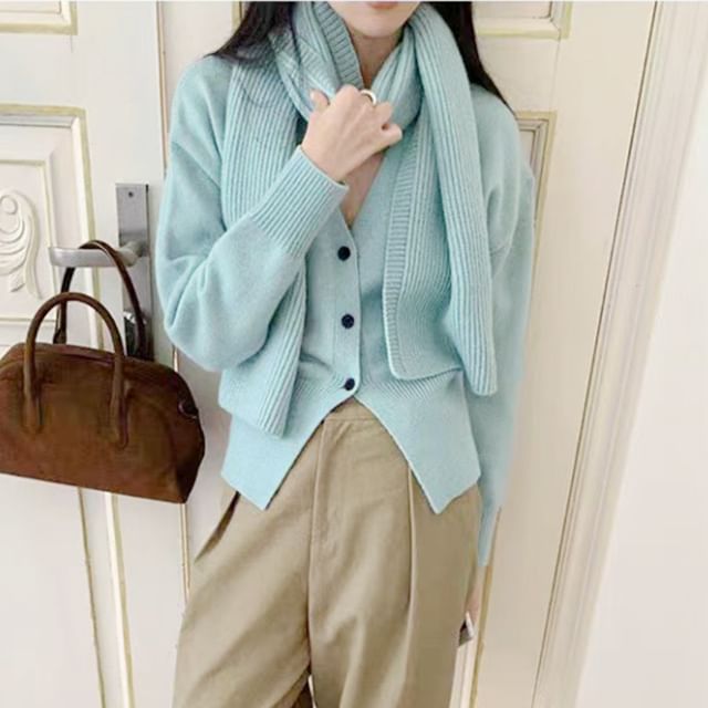 Solid V-Neck Knitted Open Front Sweater
