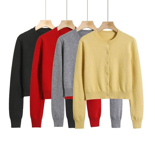 Classic Crew Neck Solid Button-Front Cropped Sweater