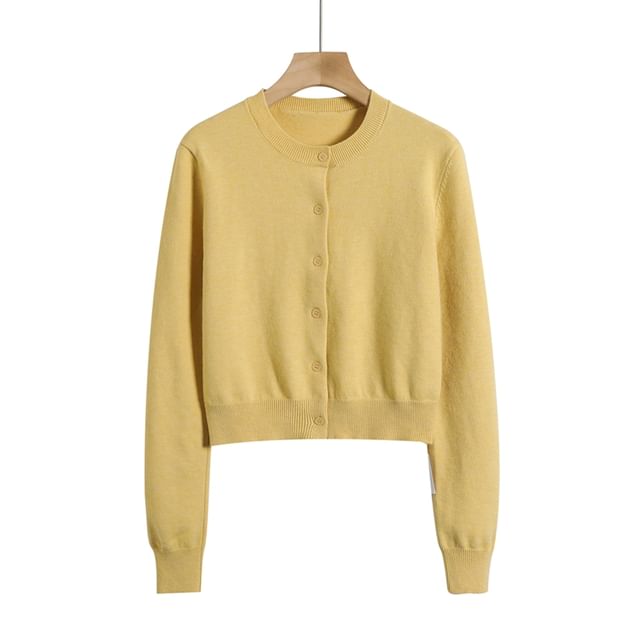 Classic Crew Neck Solid Button-Front Cropped Sweater