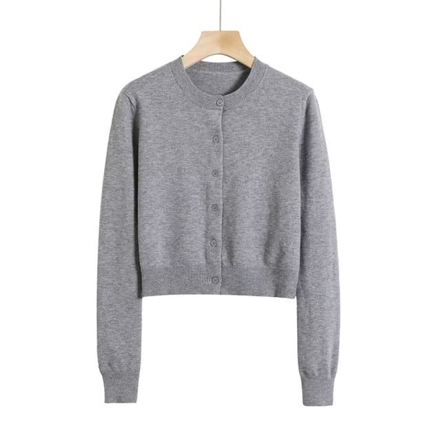 Classic Crew Neck Solid Button-Front Cropped Sweater