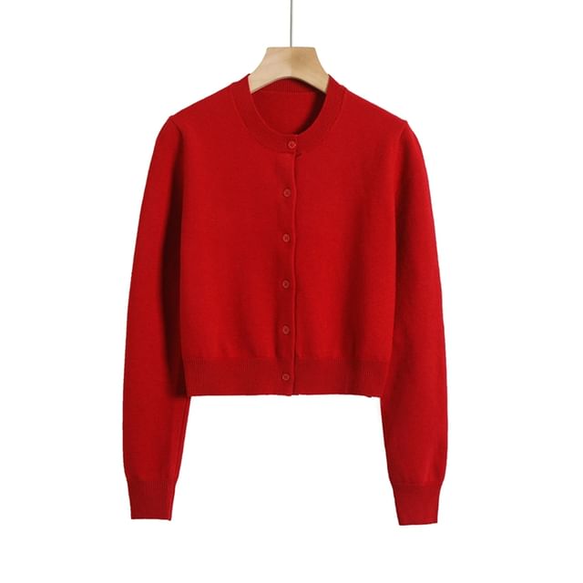 Classic Crew Neck Solid Button-Front Cropped Sweater