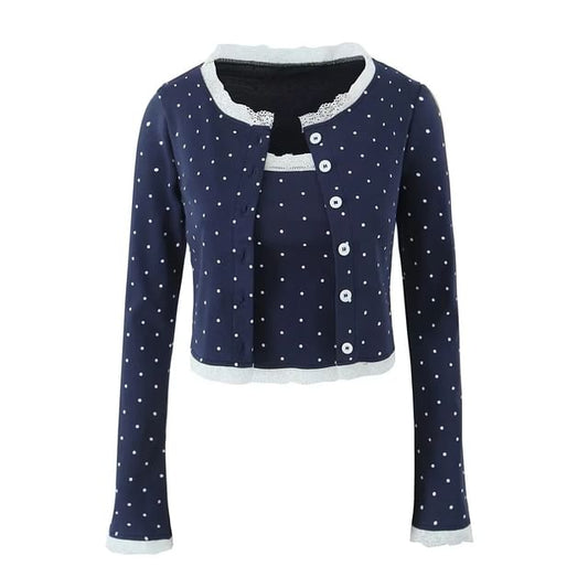 Set: Polka Dot Lace Trim Cardigan + Camisole