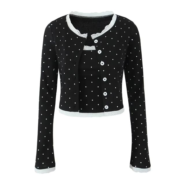 Set: Polka Dot Lace Trim Cardigan + Camisole