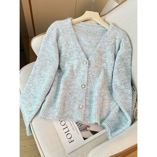 Sequined V-Neck Open Front Sweater