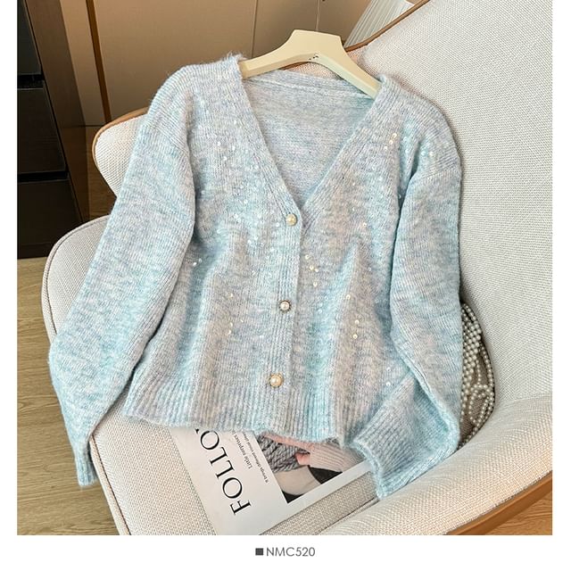 Sequined V-Neck Open Front Sweater
