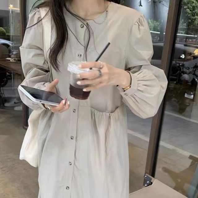 Round Neck Long Sleeve Pocket Button A-Line Maxi Dress