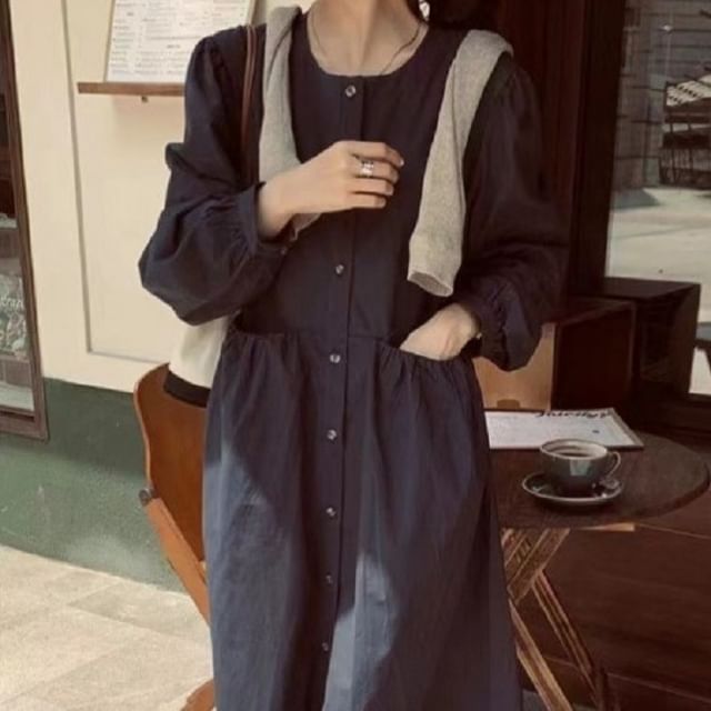 Round Neck Long Sleeve Pocket Button A-Line Maxi Dress