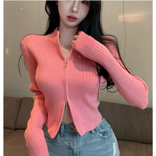 Mock Neck Solid Ribbed Zip Front Cropped Sweater