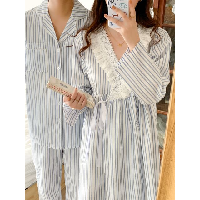 Couple Matching Long-Sleeve Collared Striped Pajama Shirt / Straight Leg Pants / V-Neck Ruffle Pajama Dress / Set