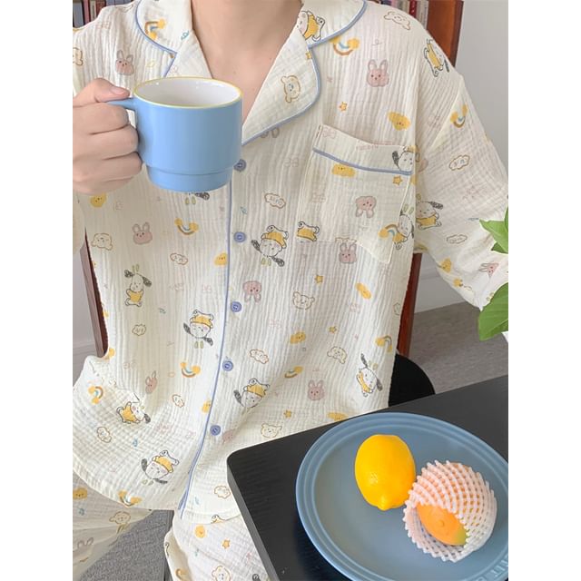 Couple Matching Pajama Set: Long-Sleeve Collared Cartoon Print Shirt + Straight Leg Pants (Various Designs)