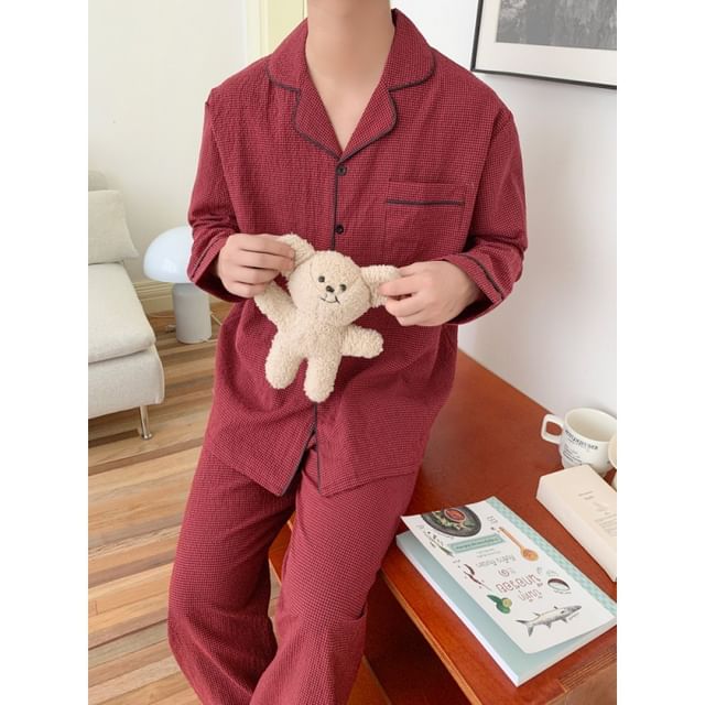 Couple Matching Pajama Set: Long-Sleeve Collared Plaid Button Top + Straight Leg Pants (Various Designs)