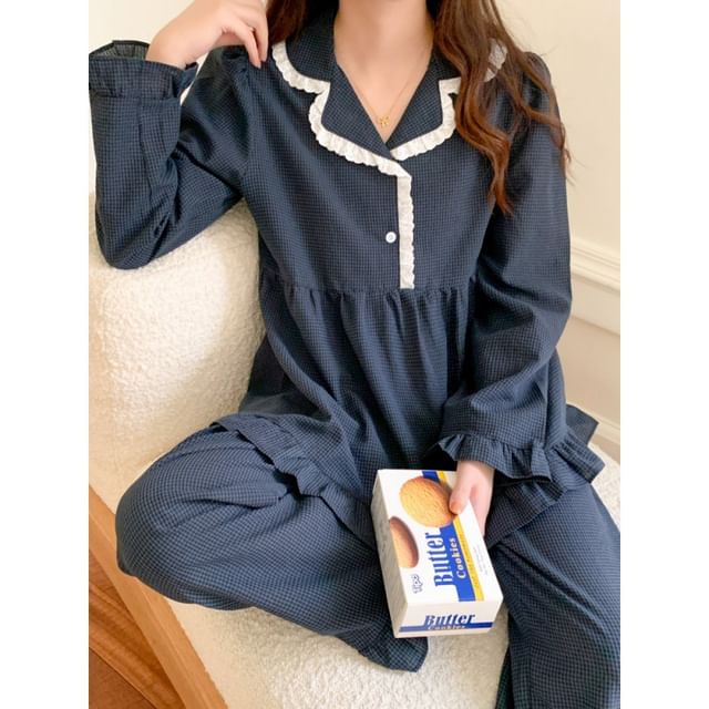 Couple Matching Pajama Set: Long-Sleeve Collared Plaid Button Top + Straight Leg Pants (Various Designs)