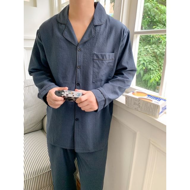 Couple Matching Pajama Set: Long-Sleeve Collared Plaid Button Top + Straight Leg Pants (Various Designs)