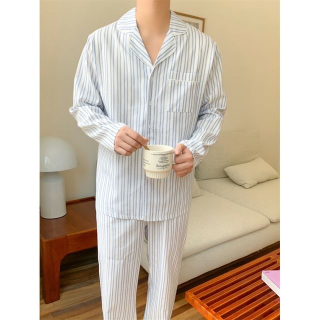 Couple Matching Long-Sleeve Collared Striped Pajama Shirt / Straight Leg Pants / V-Neck Ruffle Pajama Dress / Set