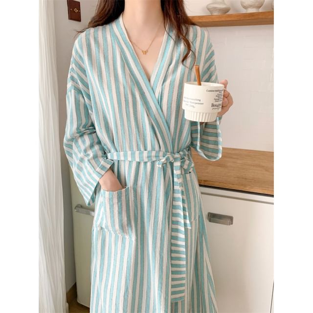 Couple Matching V-Neck Striped Tie Front Robe