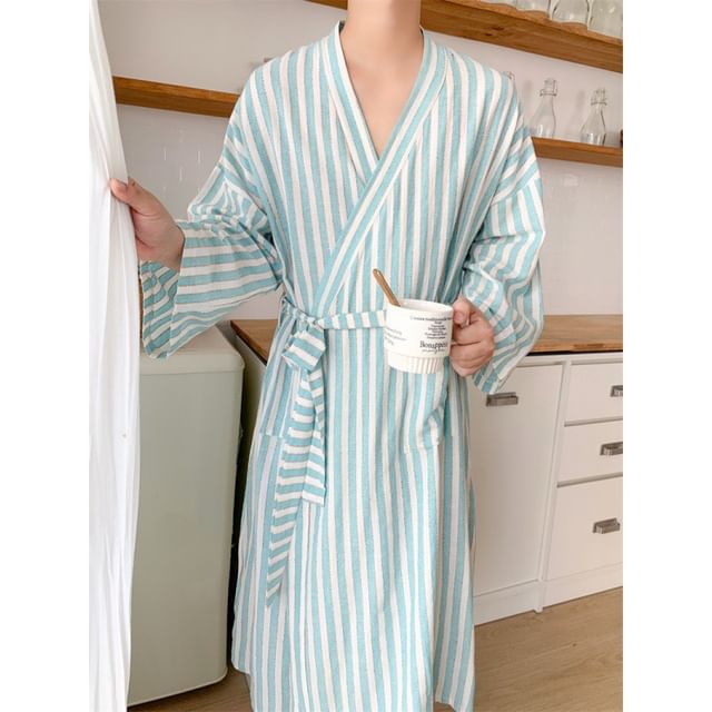 Couple Matching V-Neck Striped Tie Front Robe