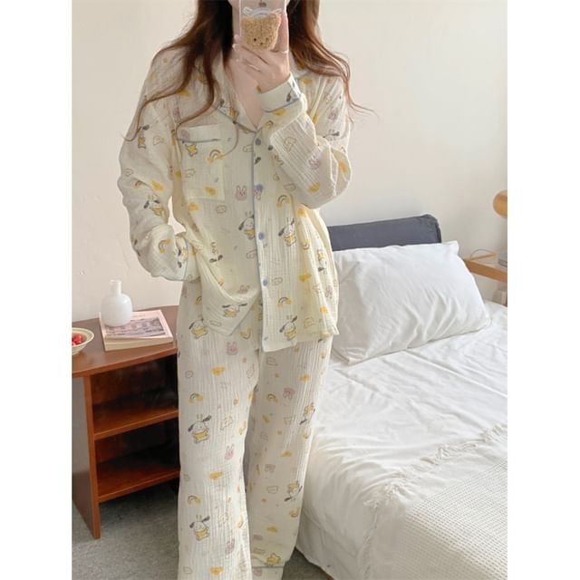Couple Matching Pajama Set: Long-Sleeve Collared Cartoon Print Shirt + Straight Leg Pants (Various Designs)