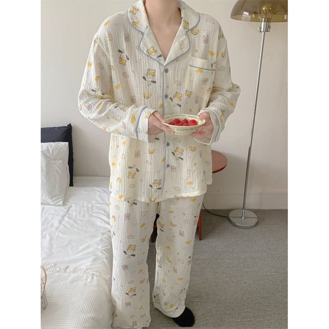 Couple Matching Pajama Set: Long-Sleeve Collared Cartoon Print Shirt + Straight Leg Pants (Various Designs)