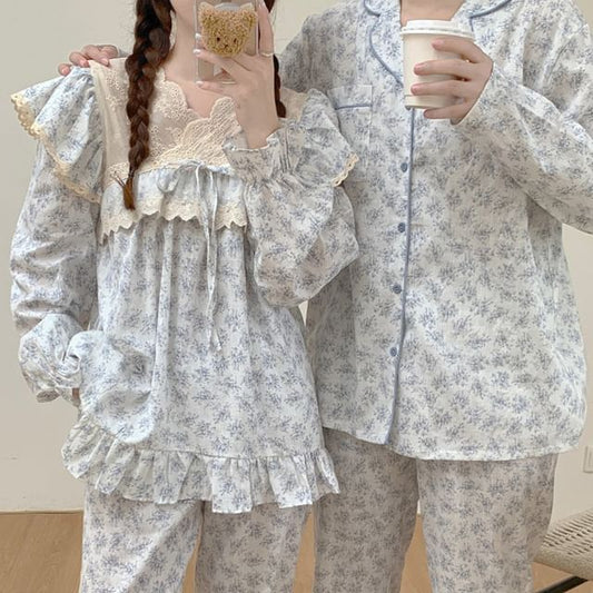 Couple Matching Long-Sleeve Floral Pajama Top / Pants / Midi Sleep Dress / Set (Various Designs)